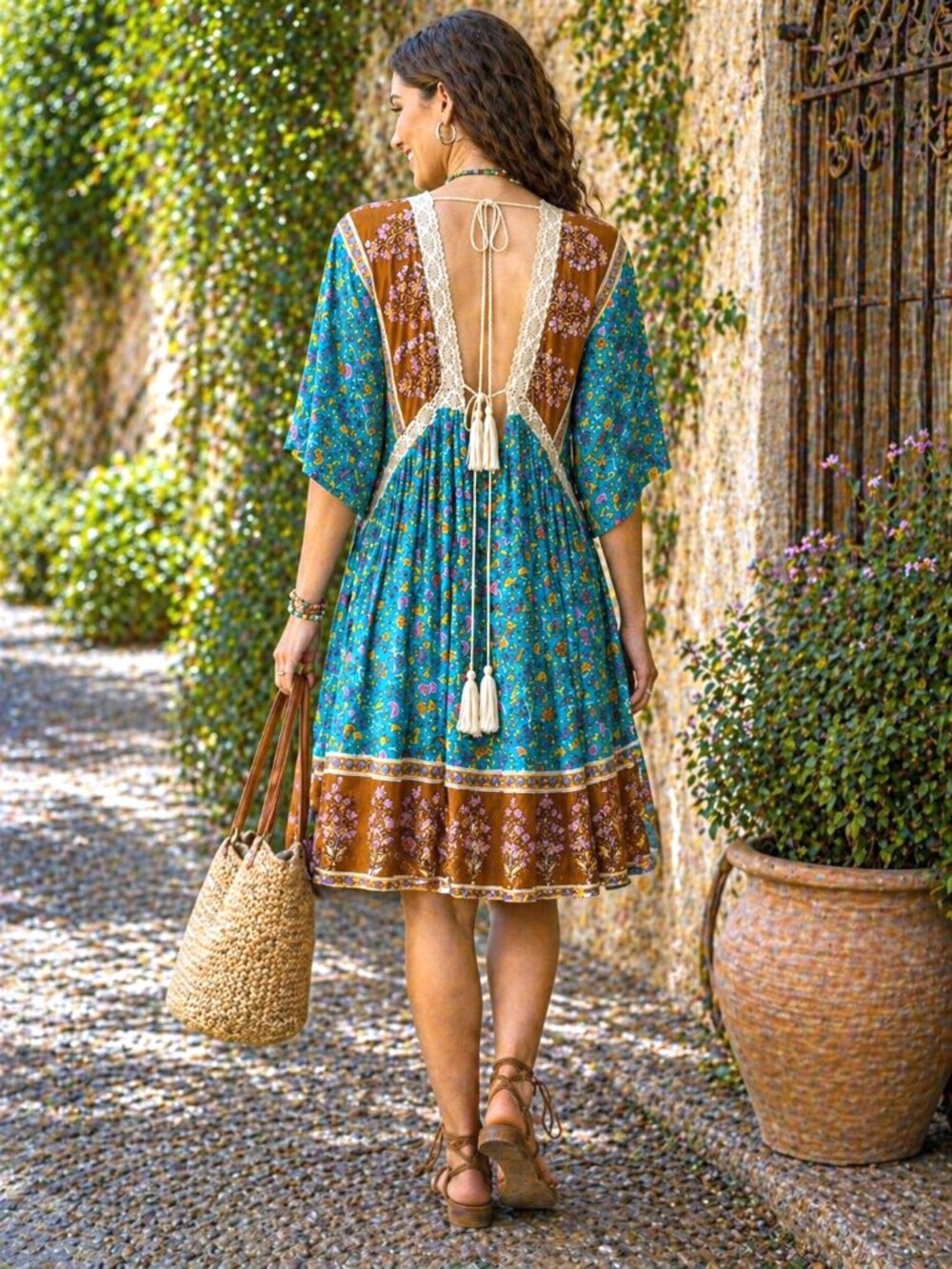 Boho Floral Lace Trim Dress, Teal Rust Print, Cottagecore, GiGiO Brand, Size S - Picture 10 of 11